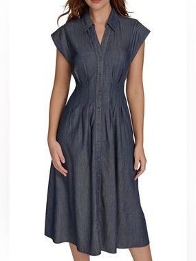 Tommy Hilfiger Chambray Denim Button Front Midi Dress Cap Sleeve Size 2